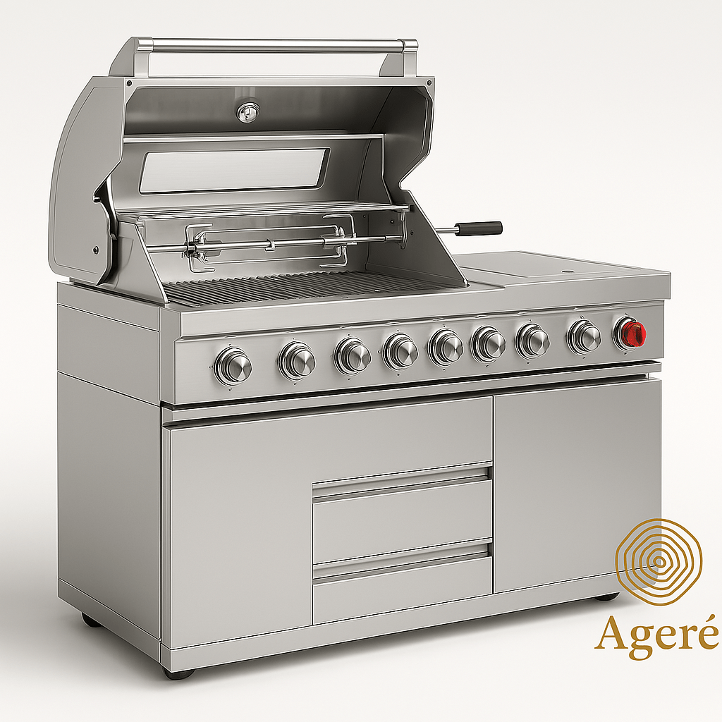 Ageré premium grill unit with 8 knobs, side burner, glass lid, and built-in bottle opener – outdoor kitchen module