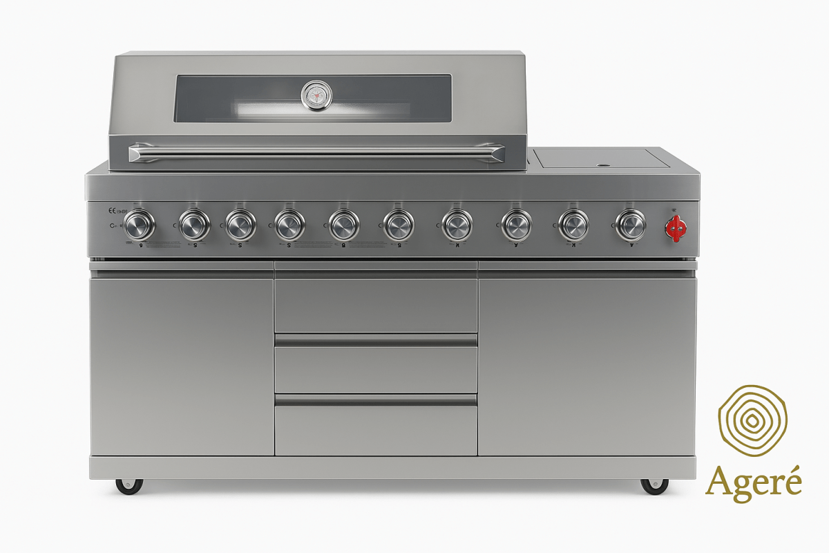 Ageré stainless steel 8-burner grill with integrated side stove and storage drawers – modular outdoor kitchen
