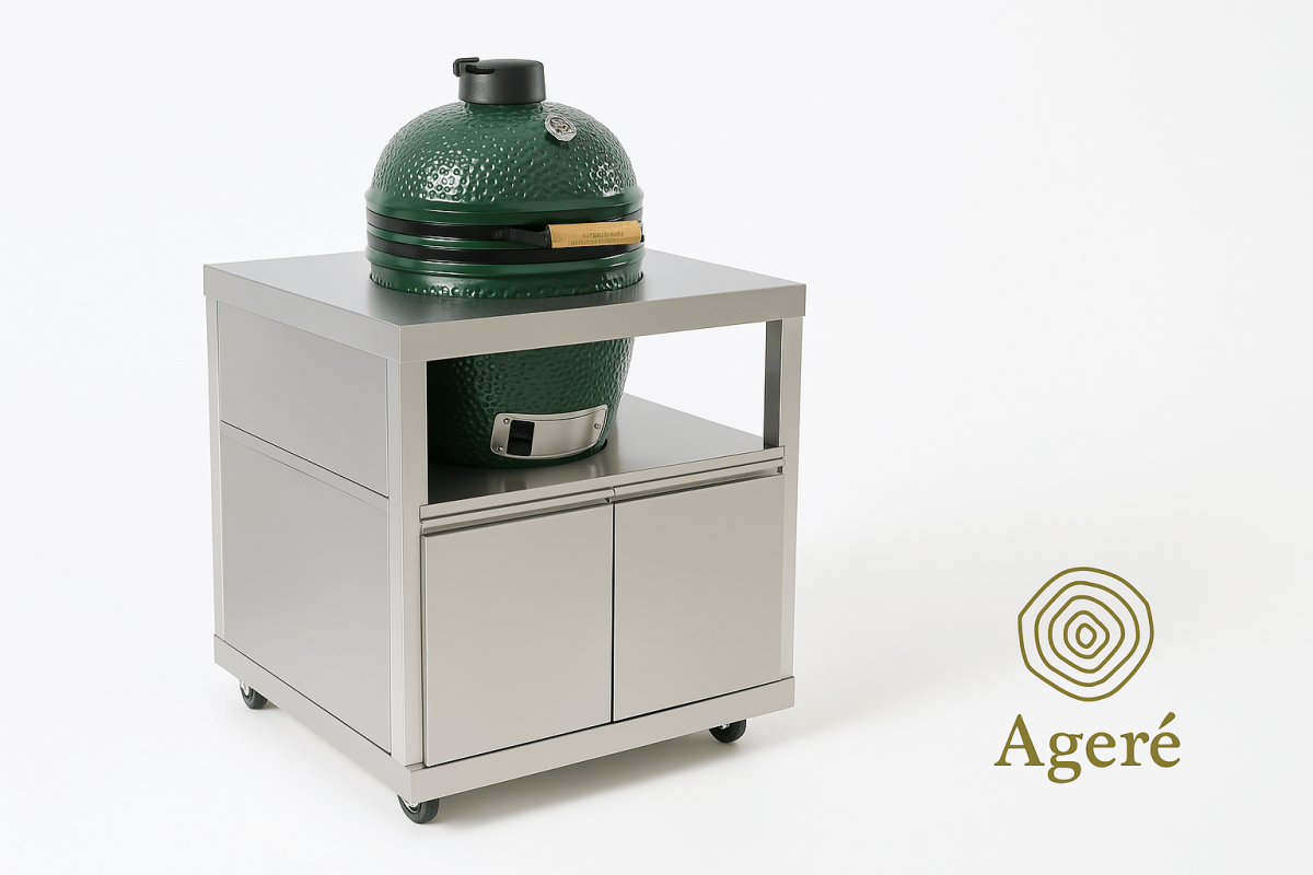 Green ceramic kamado grill on stainless steel base – Ageré modular support unit with storage cabinets