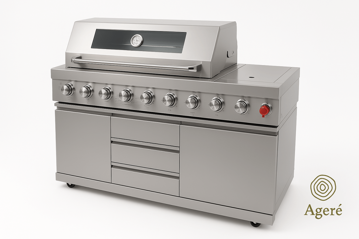 Modular 8-burner outdoor grill by Ageré with infrared burner, rotisserie bar, and drawer cabinetry