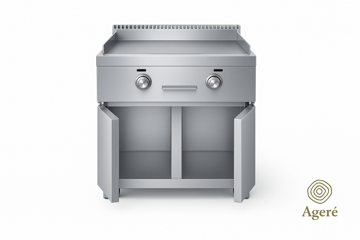Stainless steel outdoor griddle by Ageré with dual knobs and open base – high-heat modular cooktop