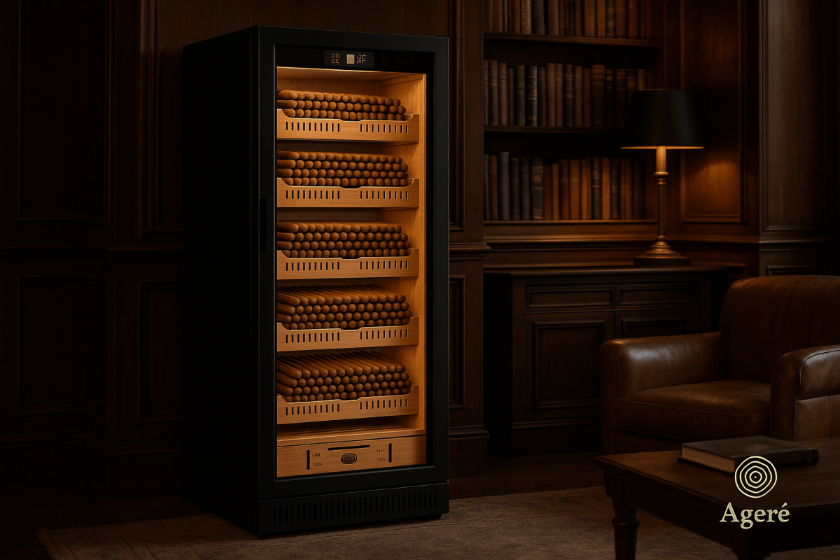 The Archivist cigar humidor by Agéré – tall cabinet in classic wood-paneled room with ambient lighting