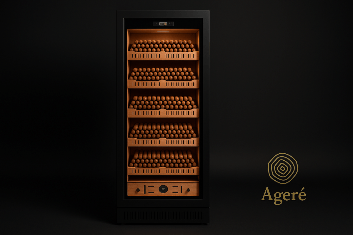Ageré cigar humidor with cedar shelves – full frontal shot of The Archivist under warm interior light