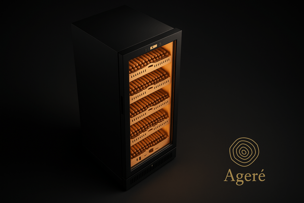 Ageré premium cigar humidor – angled showcase of The Archivist with matte black body and cedar racks