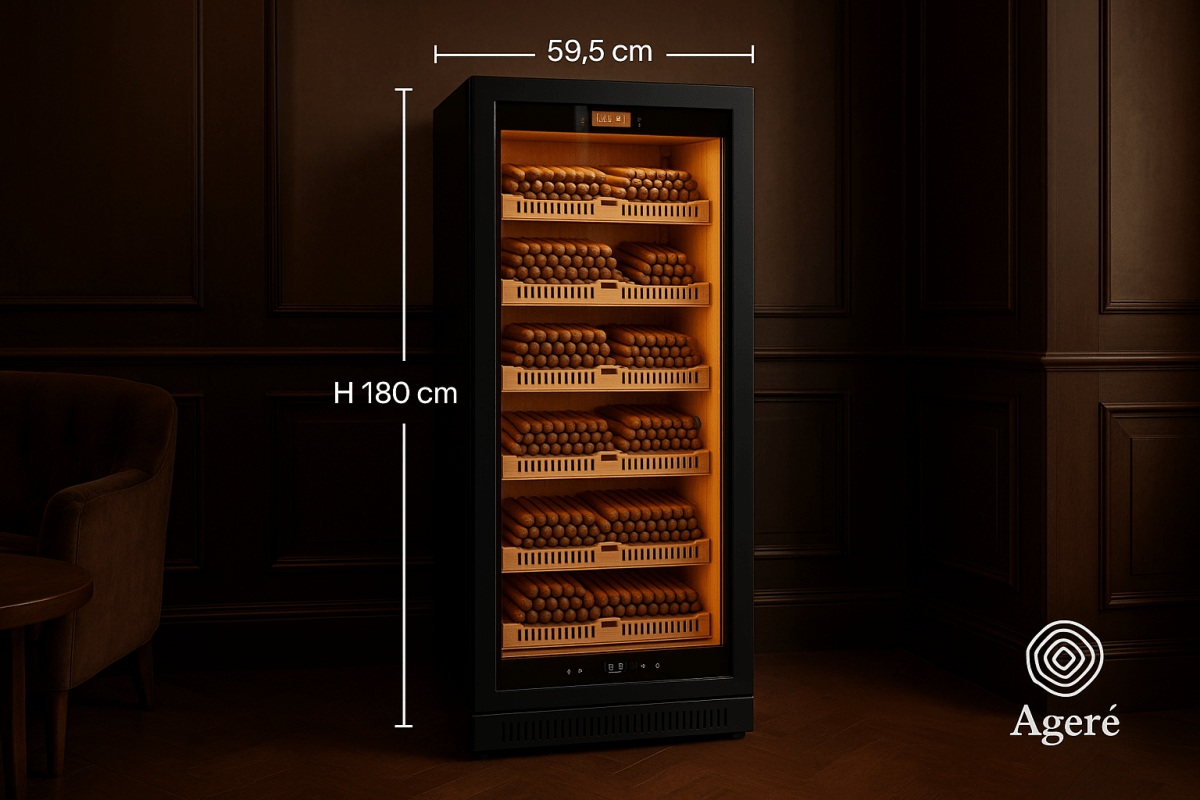 The Archivist humidor by Ageré – dimensions 59.5 cm wide, 180 cm high – cedar shelf layout shown
