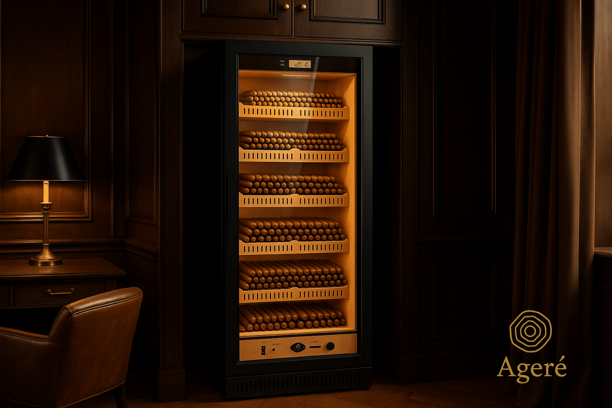 Built-in installation of The Archivist by Ageré – high-capacity cigar humidor with golden backlight