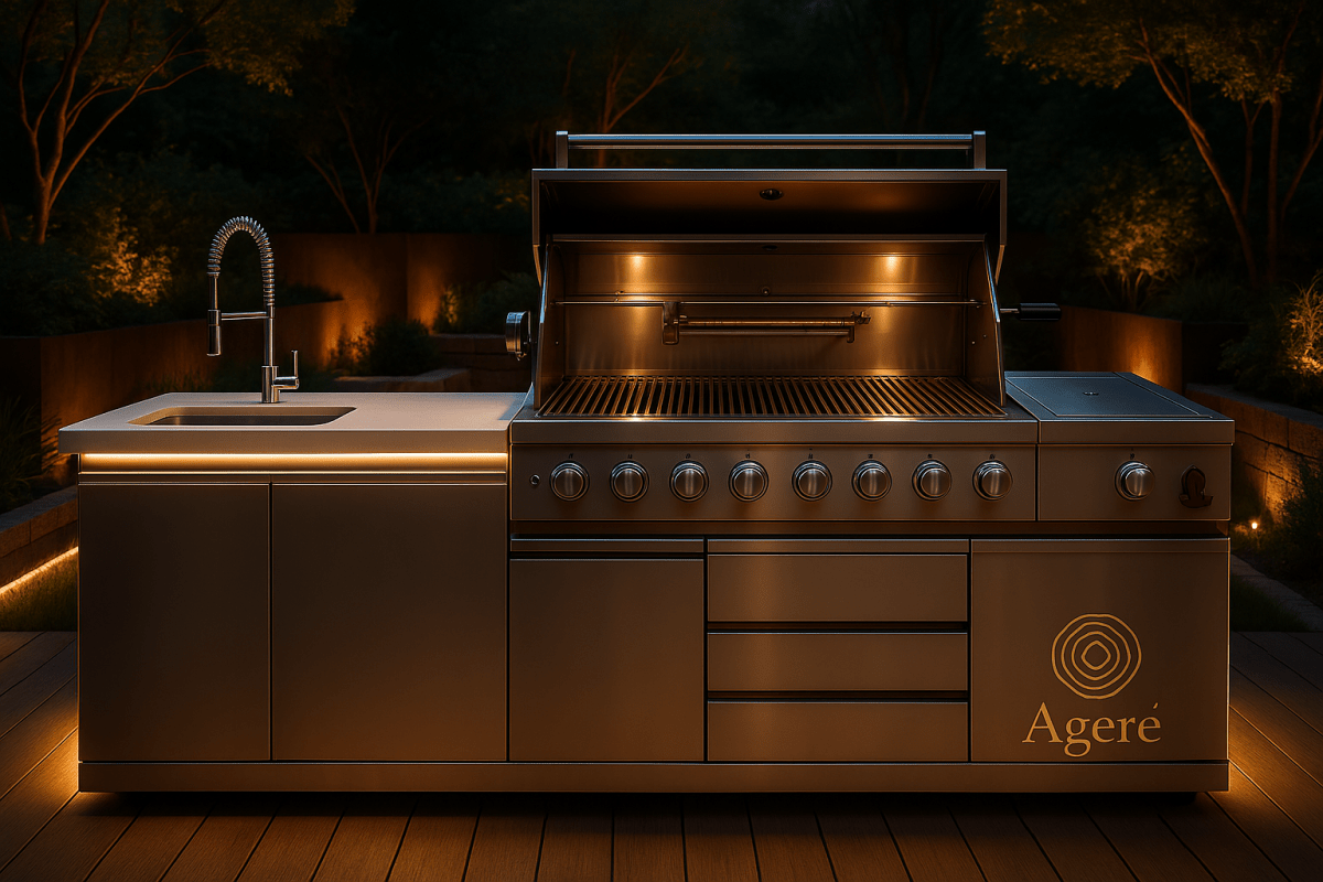 Luxury outdoor kitchen by Ageré with integrated lighting and full stainless setup – The Artisan Station