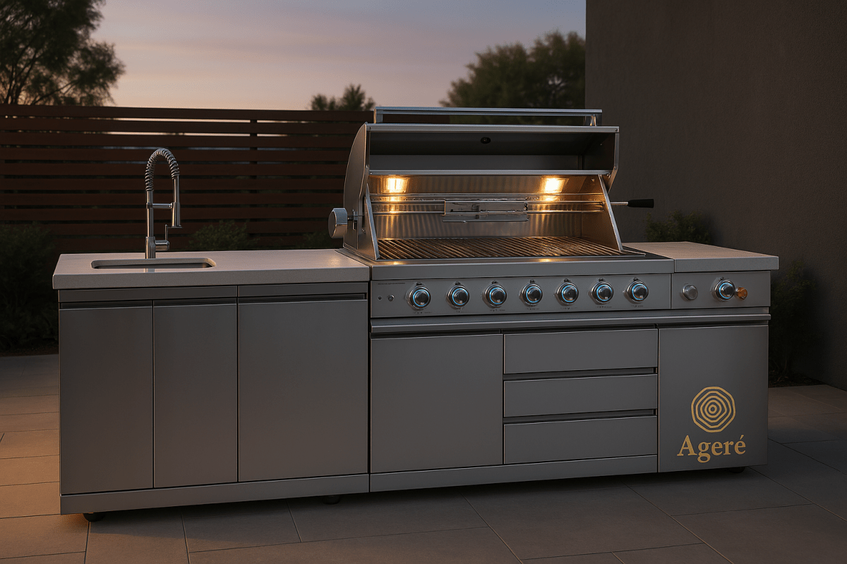 Compact Ageré outdoor kitchen with professional grill and prep sink – twilight garden setting