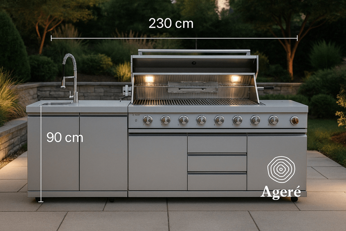 Dimensions of Ageré Artisan Station outdoor kitchen – 230 cm wide with grill and sink modules