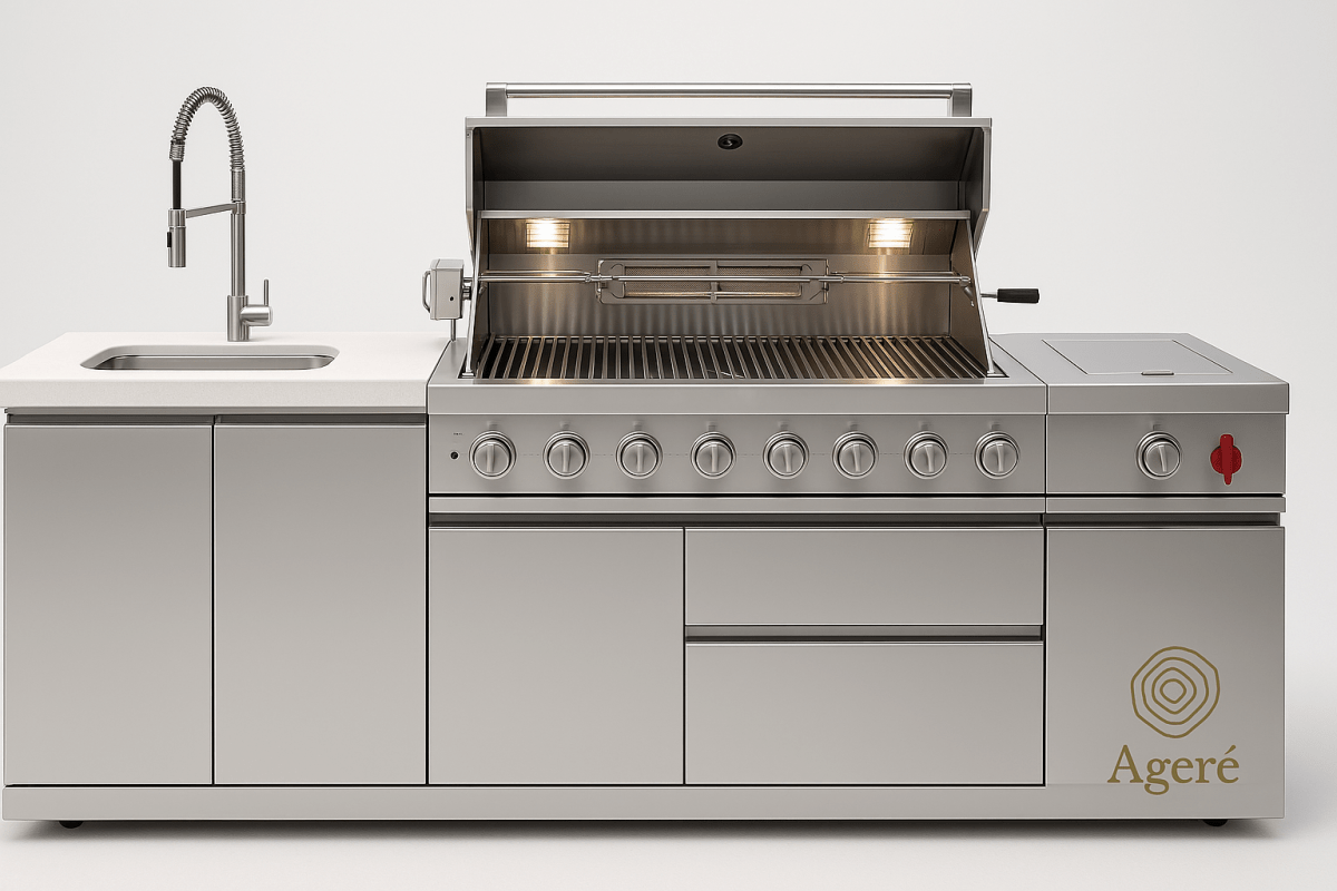 Stainless steel outdoor grill with 8 burners and infrared rotisserie – Ageré Artisan Station