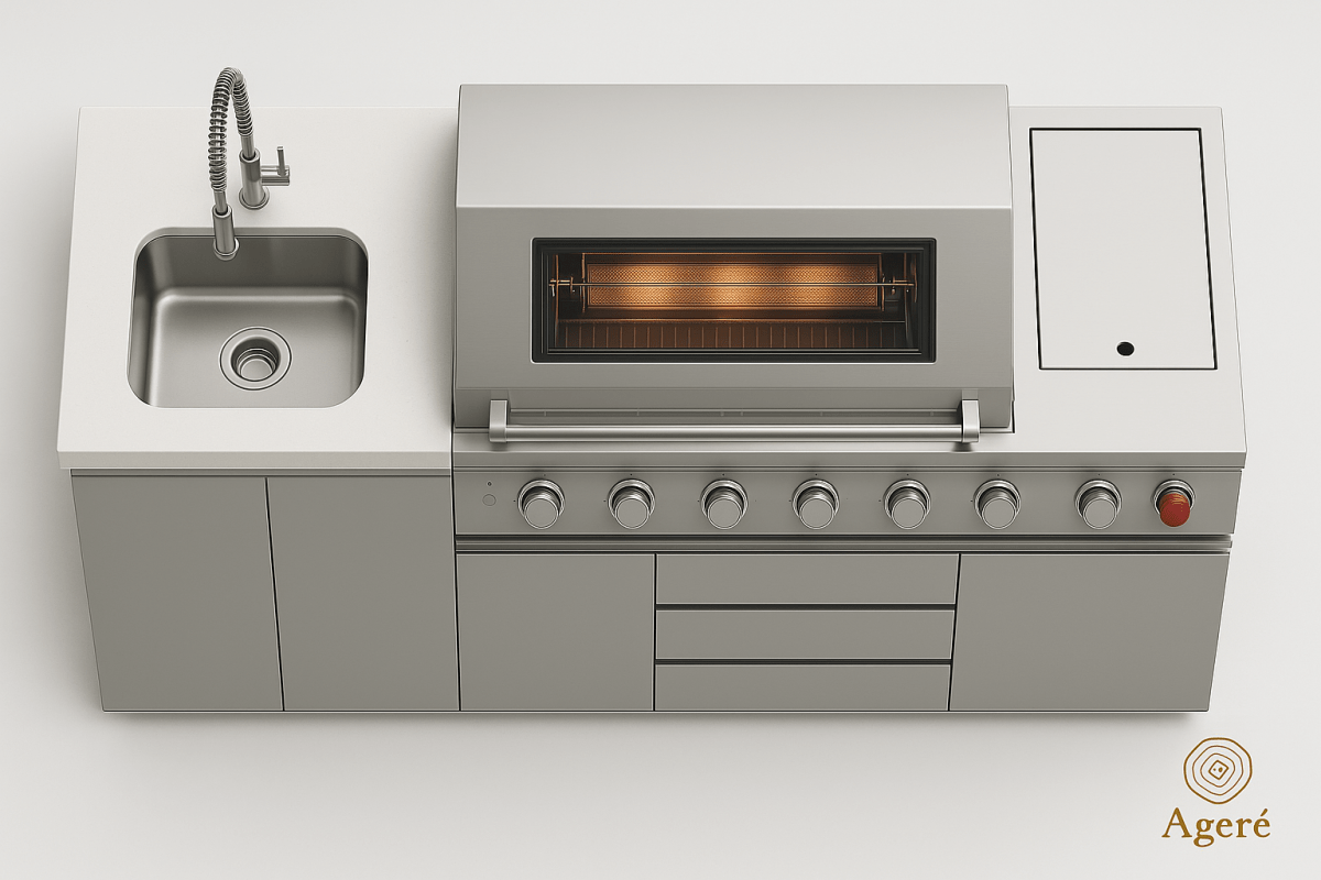The Artisan Station by Ageré – built-in stainless steel outdoor grill and sink with storage