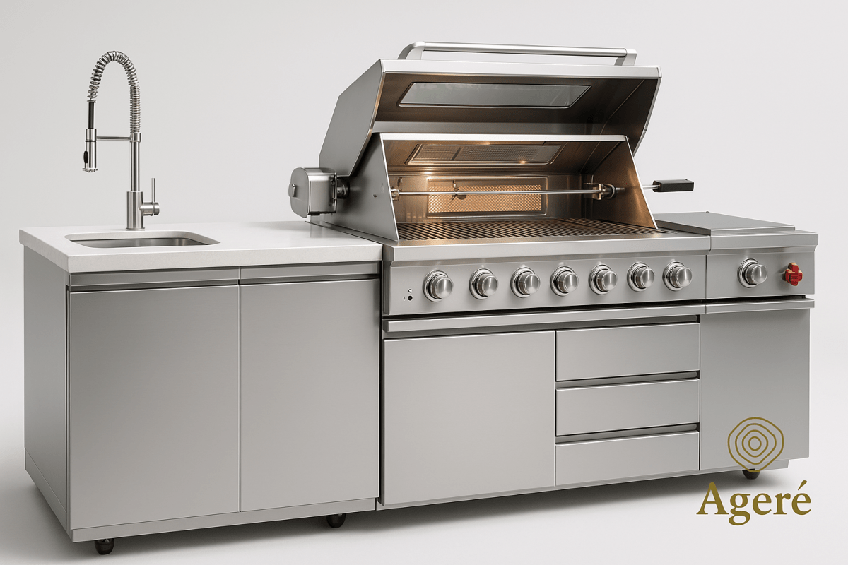 Ageré Artisan Station with 8-burner grill, side burner, and double sink – compact modular kitchen