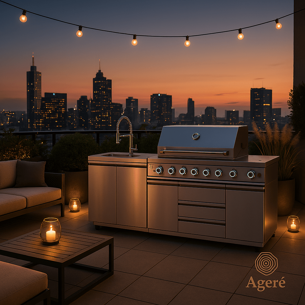 Ageré Artisan Station outdoor kitchen on rooftop terrace at sunset – compact grill and sink combo