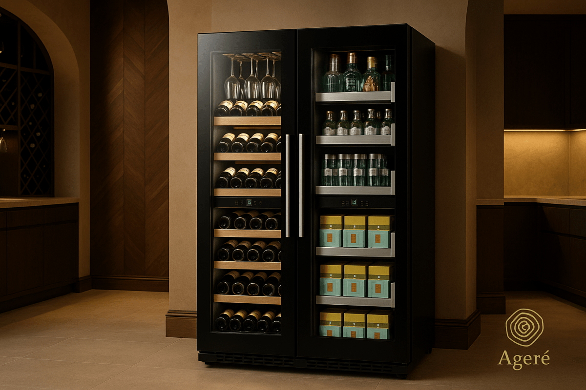The Cellar Quartet by Ageré – luxury dual-zone wine and beverage fridge in warm-toned interior setting