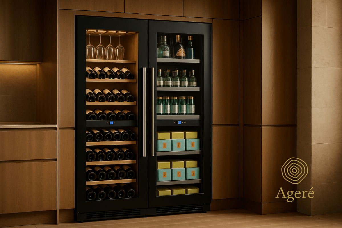 Ageré The Cellar Quartet – integrated wine and beverage cooler installed in rich wood cabinetry