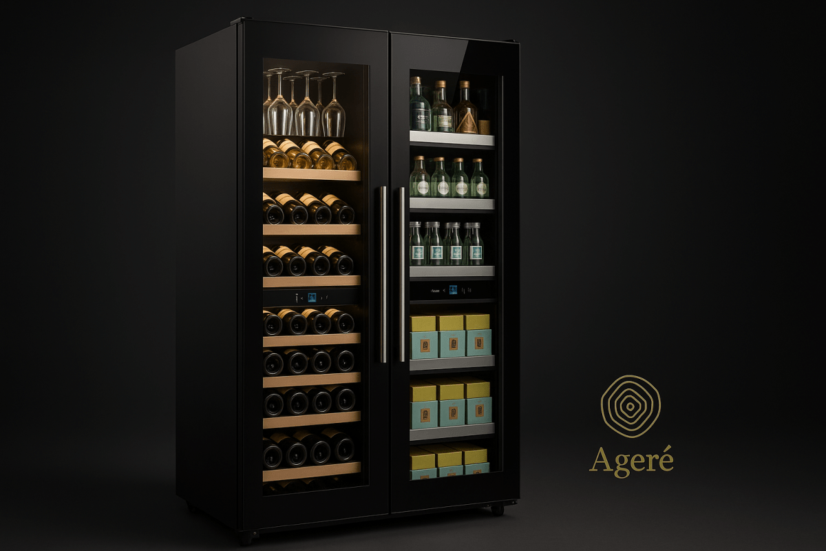 Dual-compartment wine fridge by Ageré – angled view of The Cellar Quartet with open doors and illuminated shelving