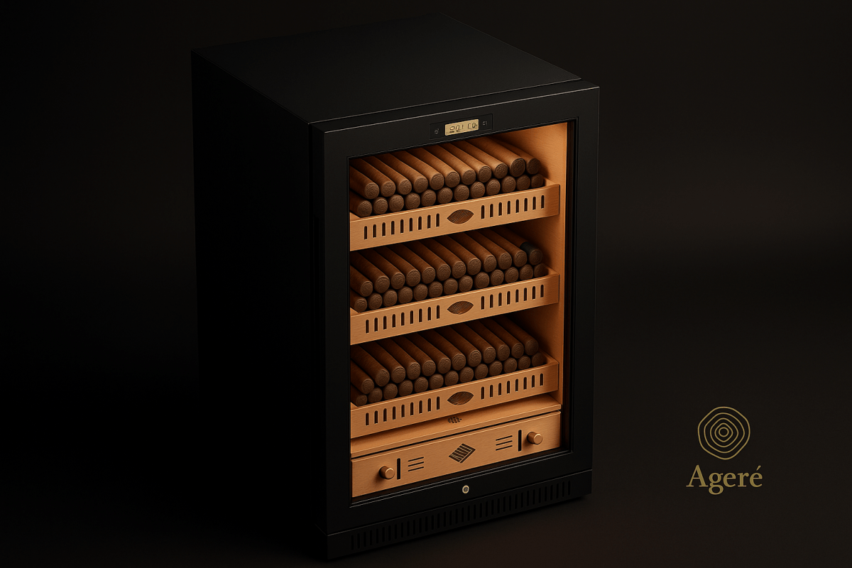 Ageré premium cigar humidor – side angle of The Collector’s Edition with soft amber interior lighting