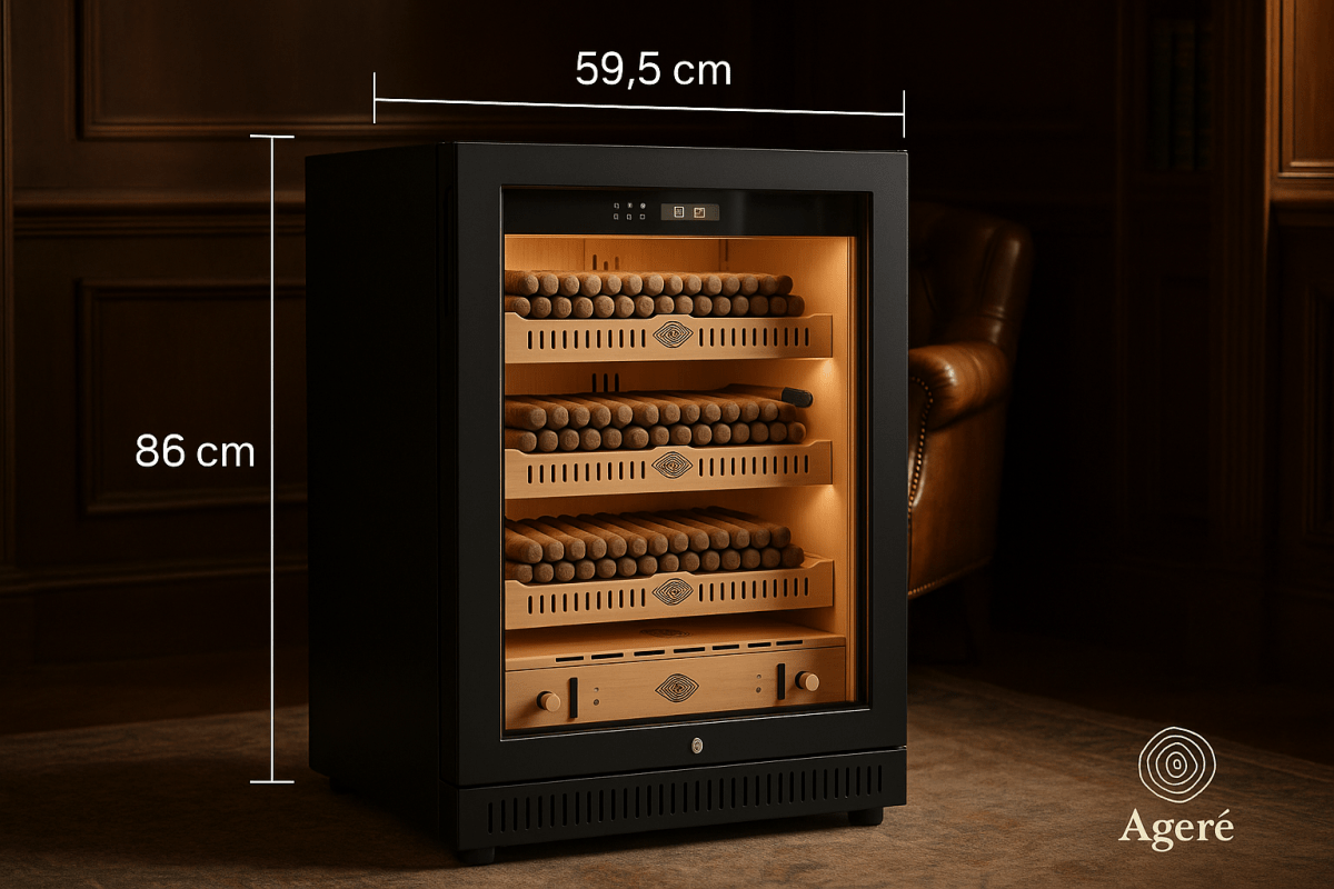 Ageré Collector’s Edition cigar humidor – width 59.5 cm and 86 cm tall shown with surrounding lounge ambiance