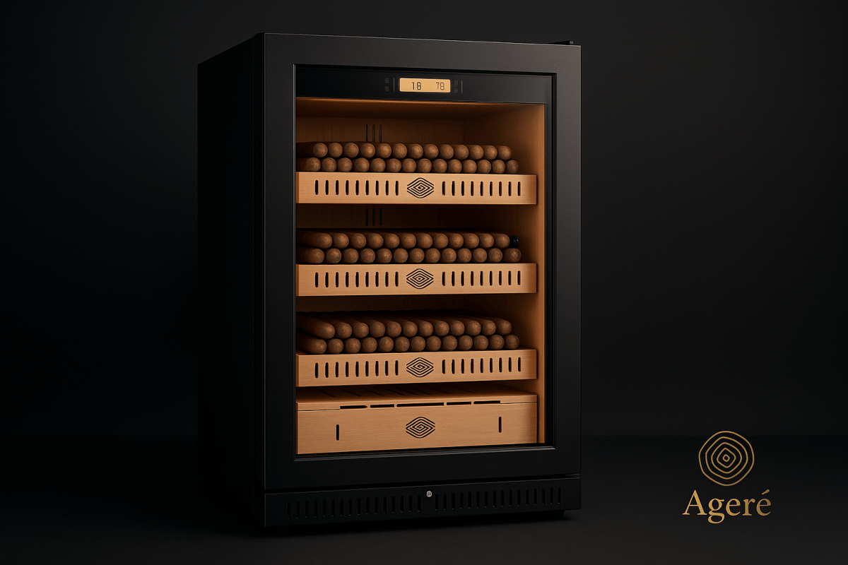 Ageré cigar humidor – The Collector’s Edition front view with cedar wood shelves and digital display
