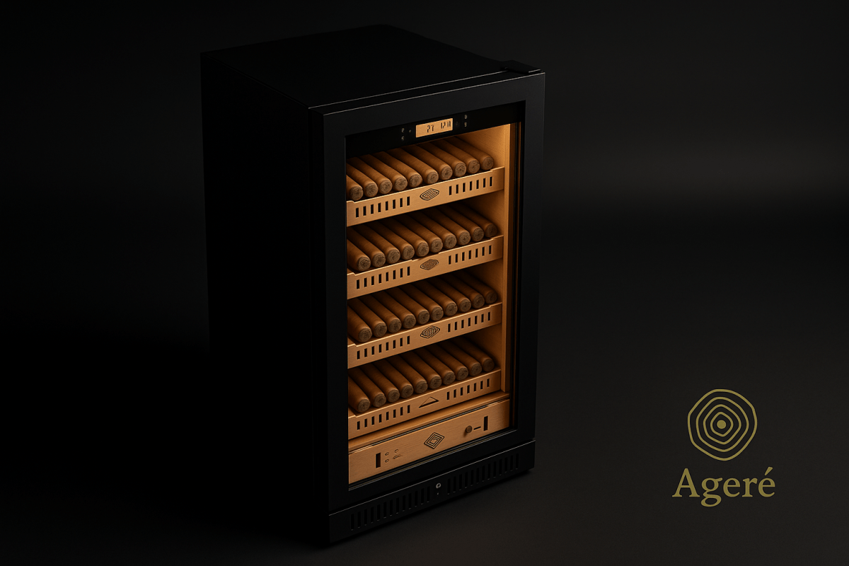 Premium cigar humidor by Ageré – side view of The Curator’s Vault showing spacious shelf configuration