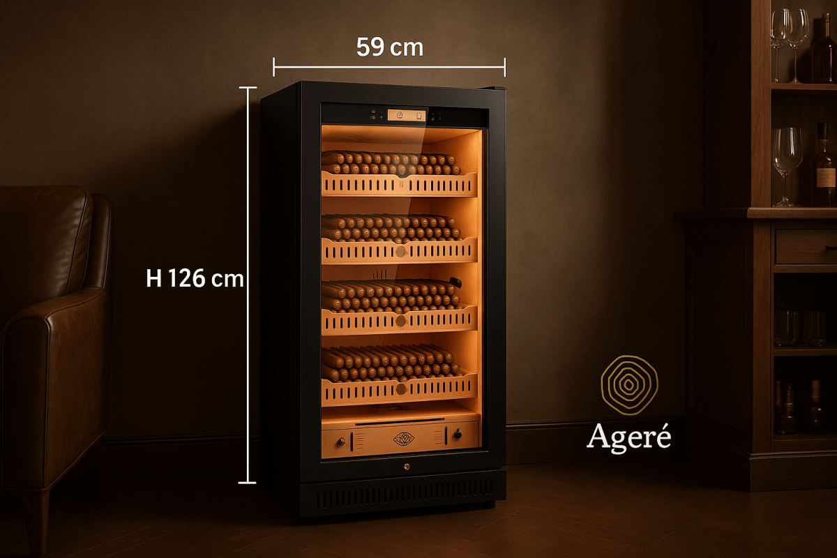 Ageré The Curator’s Vault – 126 cm tall cigar humidor with width 59 cm, shown on neutral brown backdrop