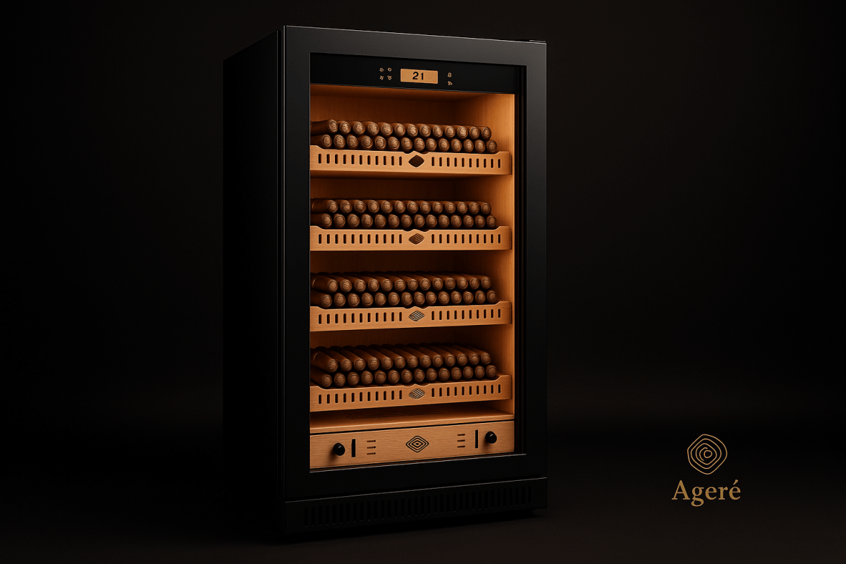 The Curator’s Vault by Ageré – angled product shot with warm amber LED lighting and black matte frame