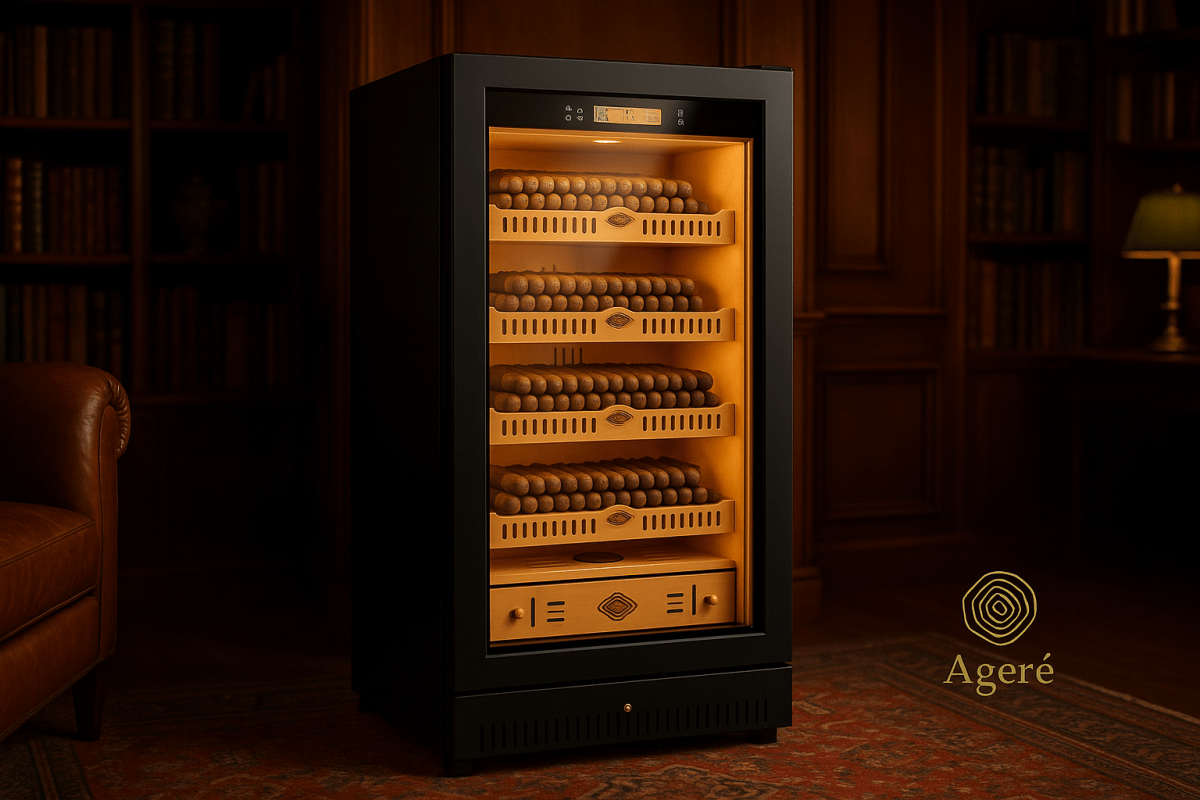 The Curator’s Vault by Ageré – large cigar humidor placed in a traditional study with warm wood tones