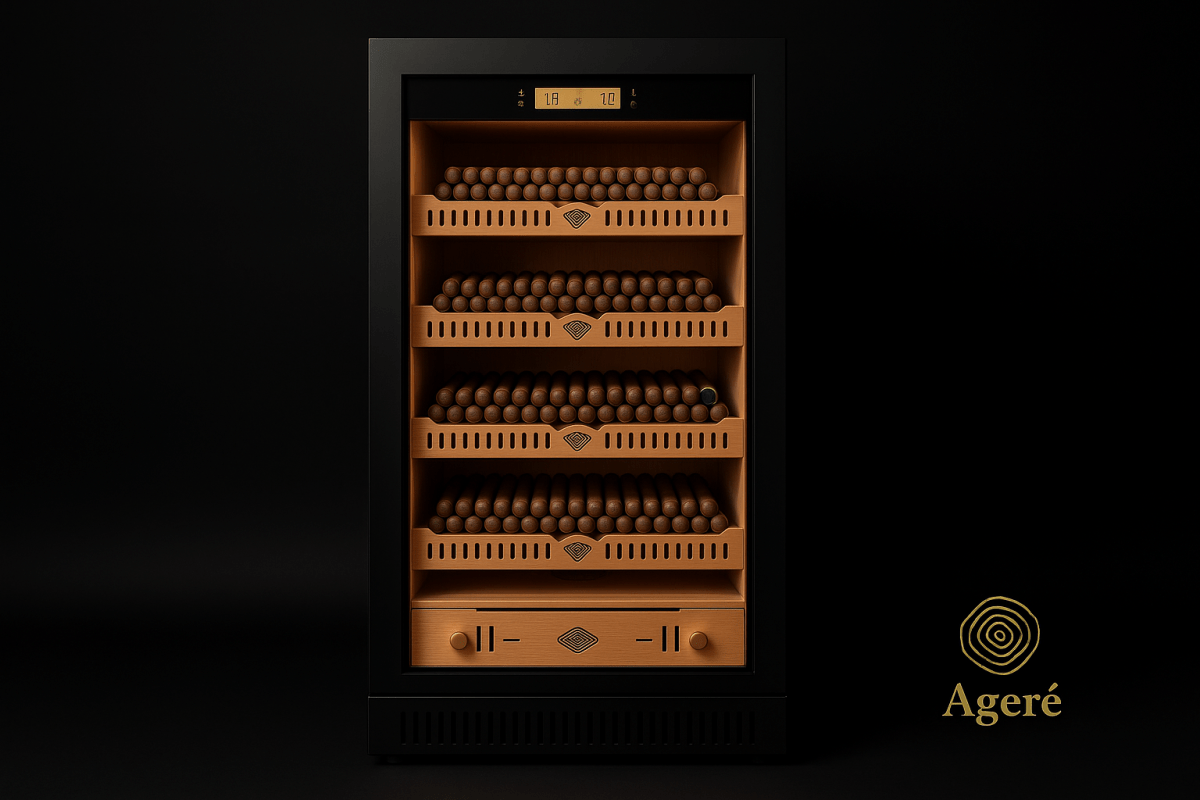 Ageré Curator’s Vault cigar humidor – front view showing full cedar shelf layout and digital controls