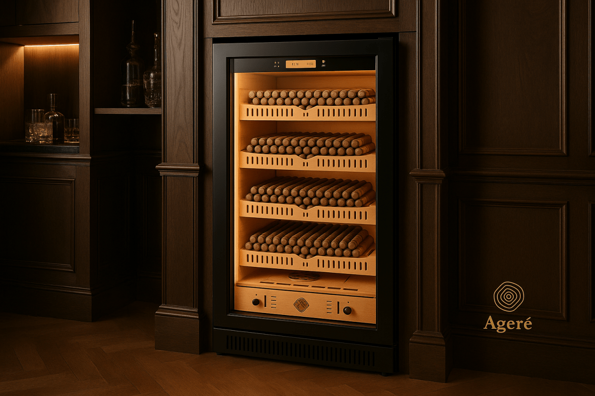 Ageré Curator’s Vault cigar humidor in luxury library-style space – half built-in, half freestanding