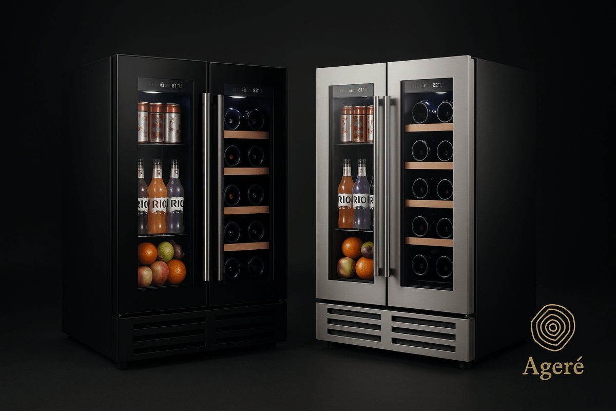 The Dual Ritual fridge – dual-compartment undercounter cooler by Ageré with open doors and full interior view