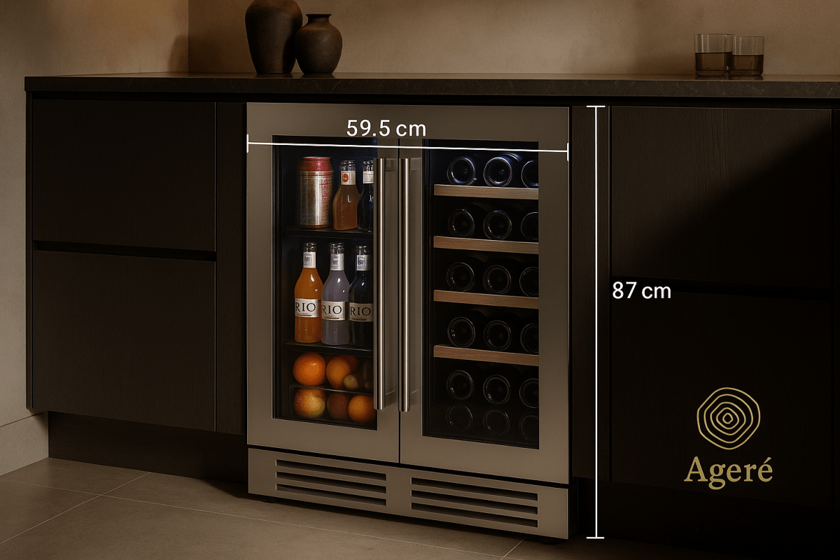 The Dual Ritual dimensions – Ageré undercounter wine fridge measuring 59.5 cm wide and 87 cm high in spec image