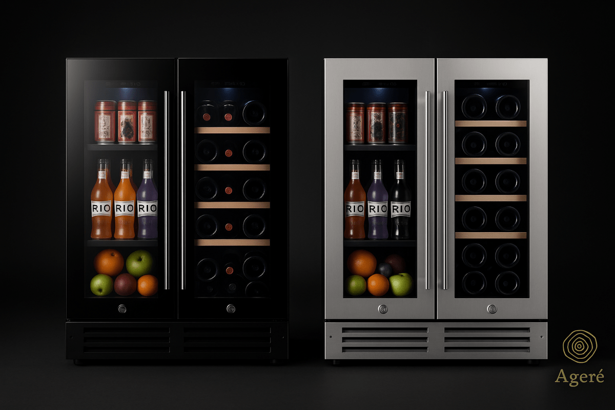 Ageré Dual Ritual wine and beverage cooler – dual-zone stainless steel and black glass units with wooden shelves and bottle storage