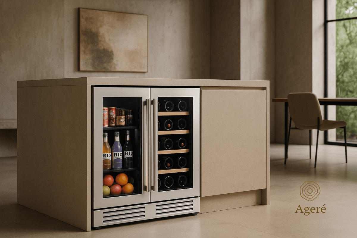 Ageré Dual Ritual – undercounter wine and beverage fridge built into luxury kitchen cabinetry