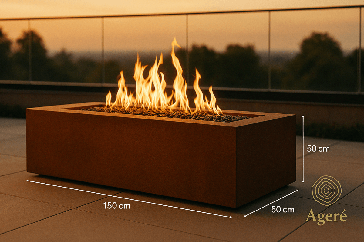 Dimensions of The Elemental Flame – 150 cm x 50 cm corten steel fire table