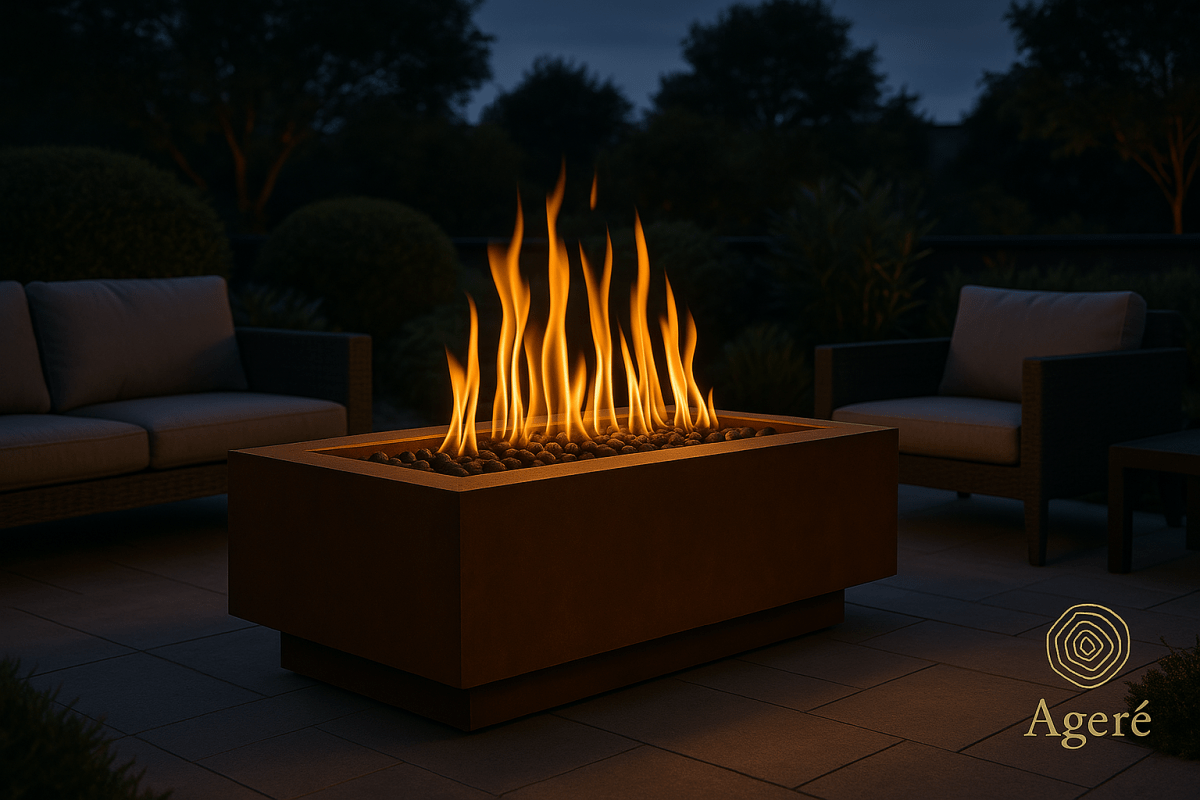 Corten steel fire feature glowing at dusk – The Elemental Flame by Ageré