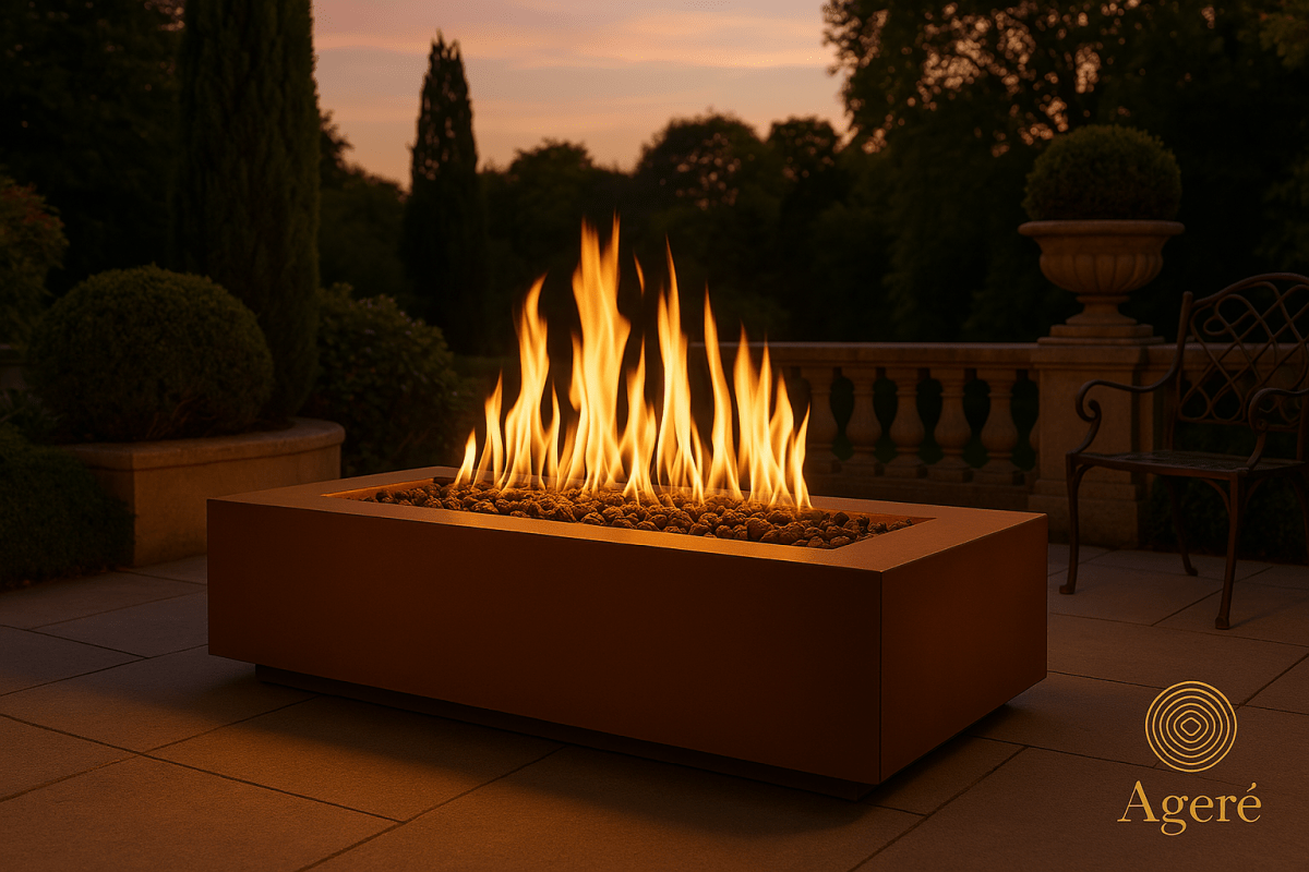 The Elemental Flame corten fire table by Ageré – glowing at sunset on a stone terrace