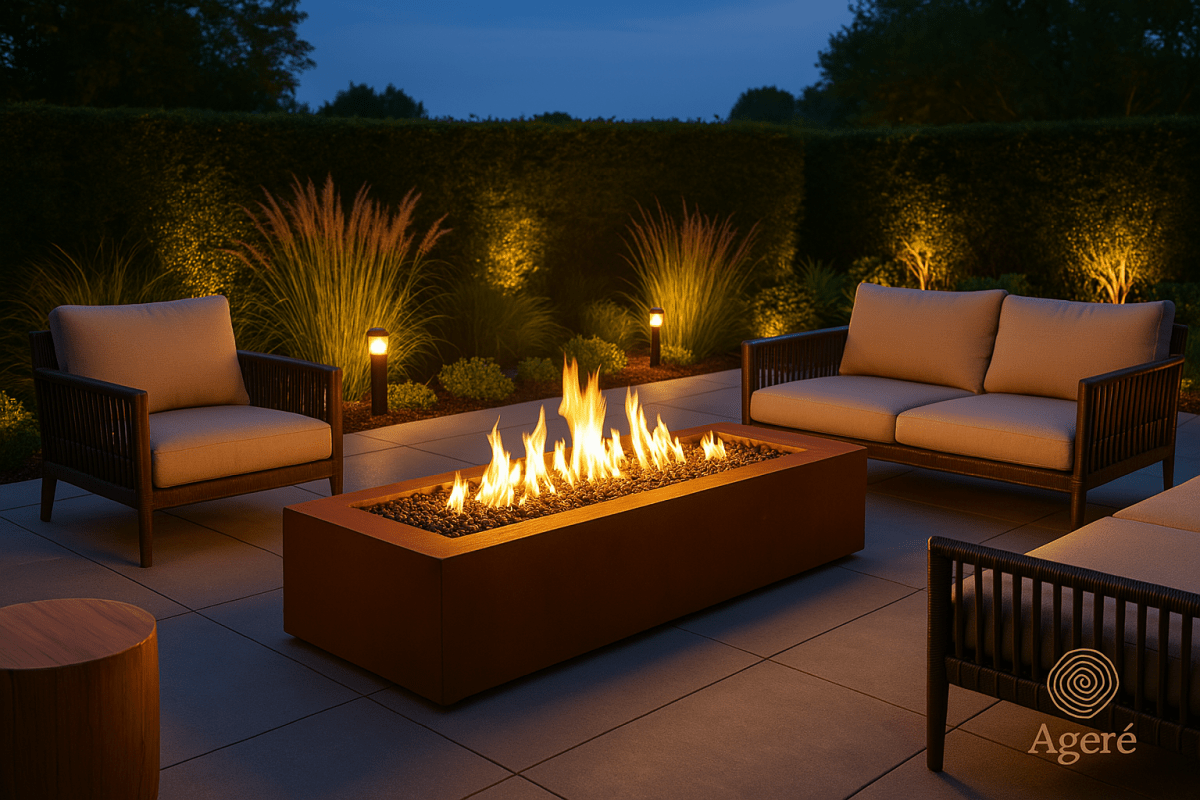 The Elemental Flame - AgeréThe Elemental Flame in a modern courtyard lounge – built for outdoor gathering