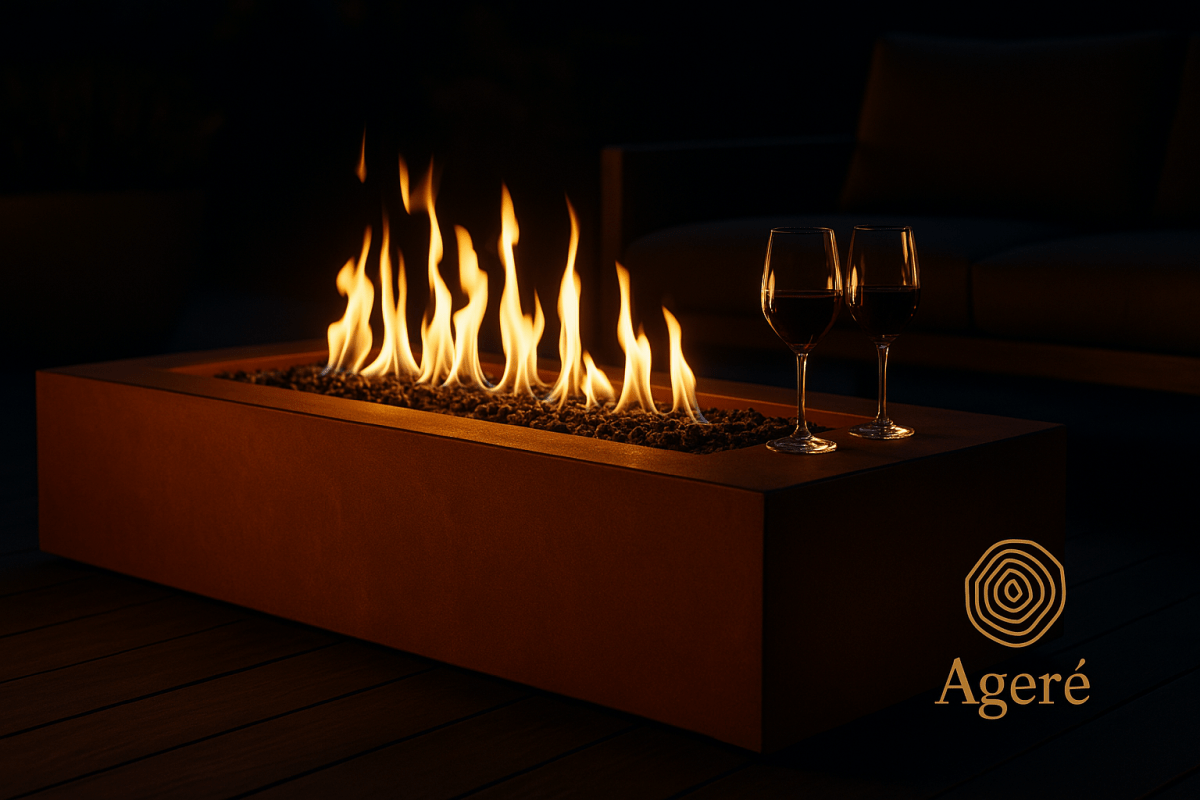 Luxury detail of The Elemental Flame fire table by Ageré – intimate evening setting