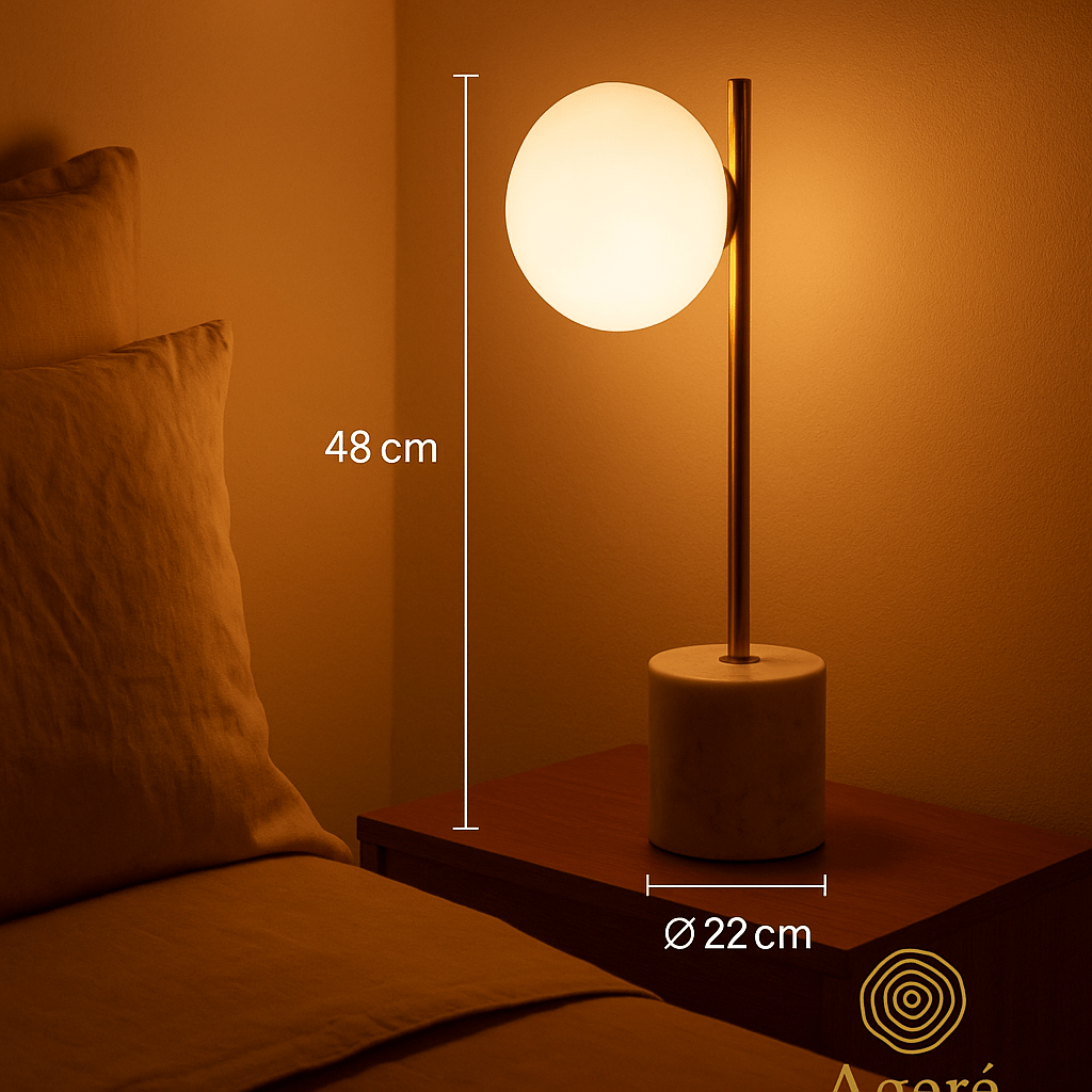 The Moon Lamp - Ageré The Moon lamp wit dimedions on a sideboard.