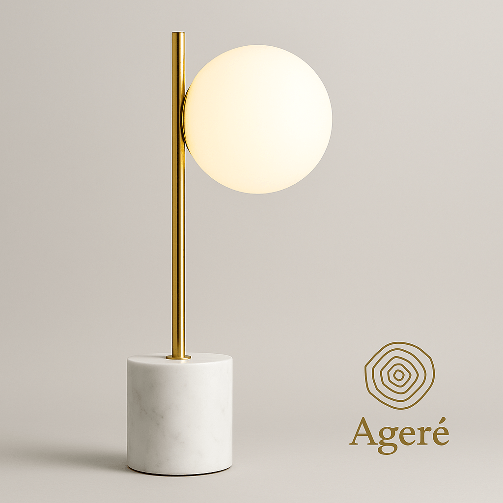 The Moon Lamp - Ageré Studio image of The Moon Lamp showing full lamp with white globe and gold rod