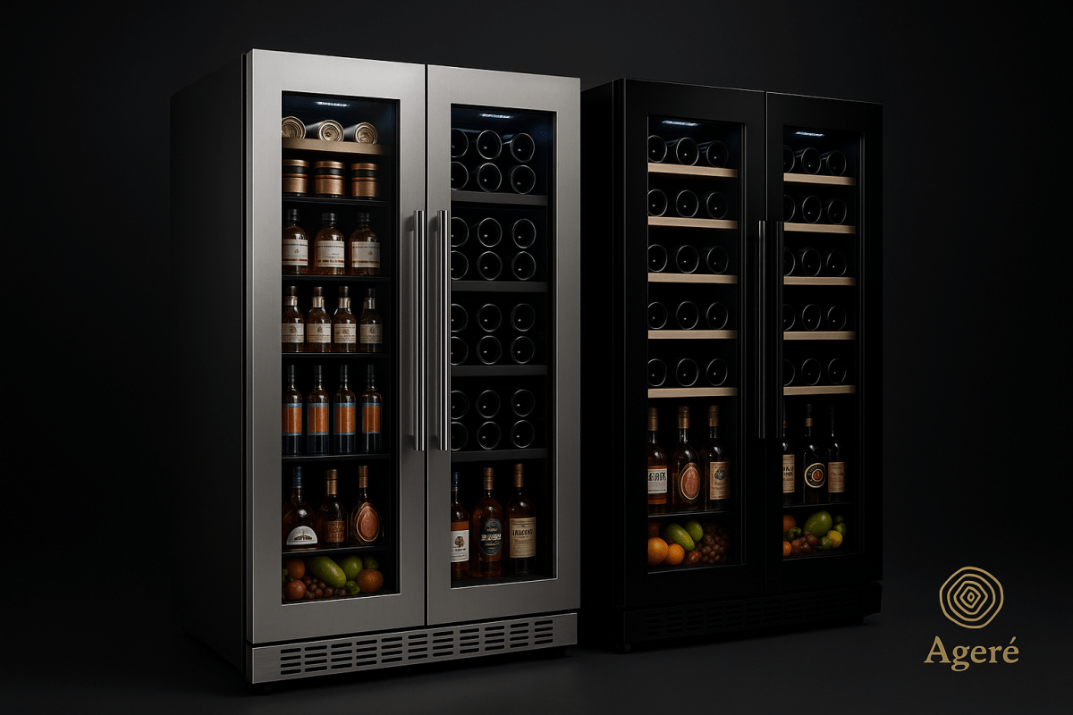 The Grand Cellar Duo – dual-compartment wine fridge by Ageré with open doors and ambient shelf lighting