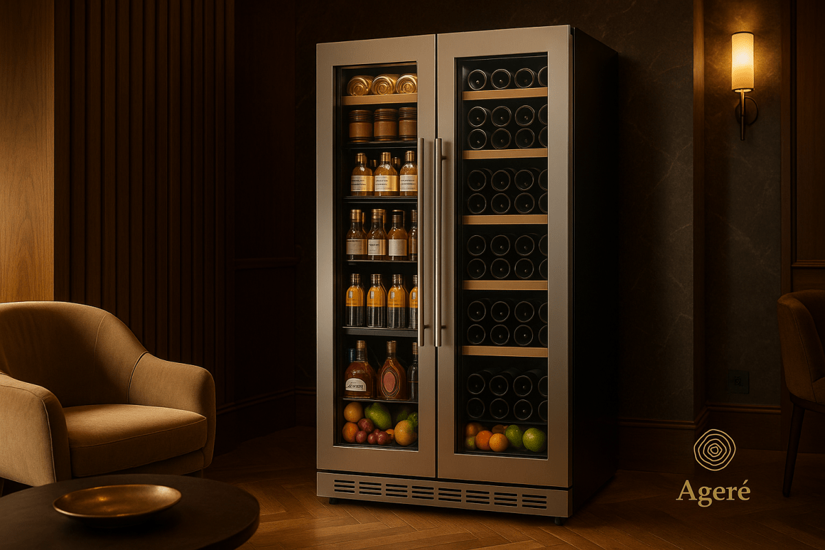 Ageré Grand Cellar Duo – high-capacity wine and beverage fridge with glass doors and full shelving view
