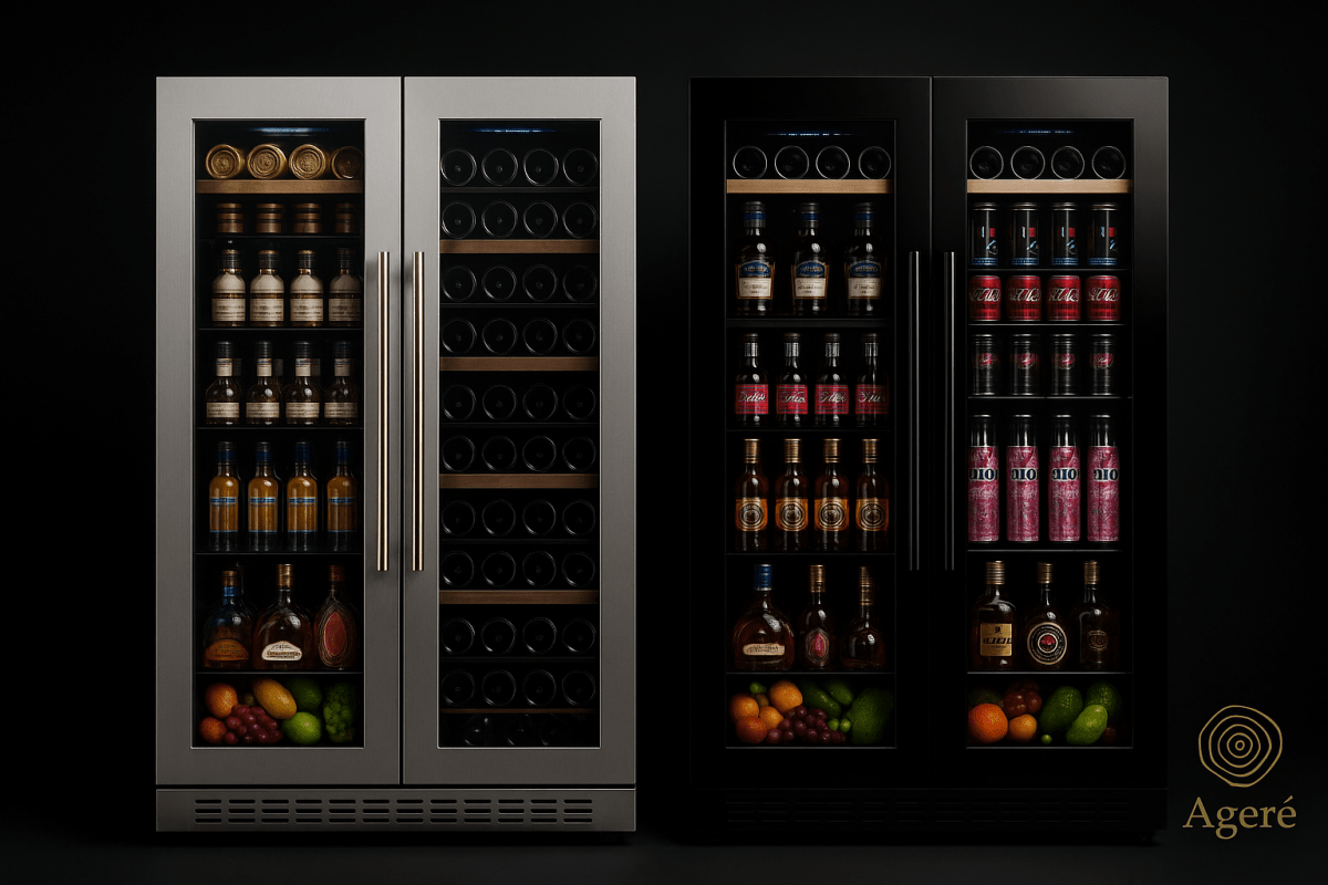 Agéré Grand Cellar Duo – double-door wine and beverage cooler with black glass and stainless steel finish and wooden shelves