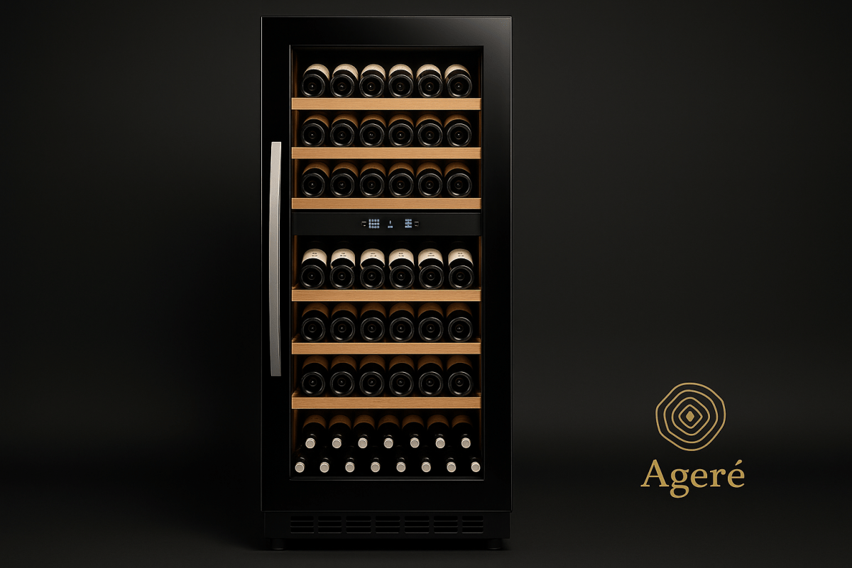 Ageré Grand Reserve – full-size wine fridge with wooden shelves and black glass door, shown front-facing