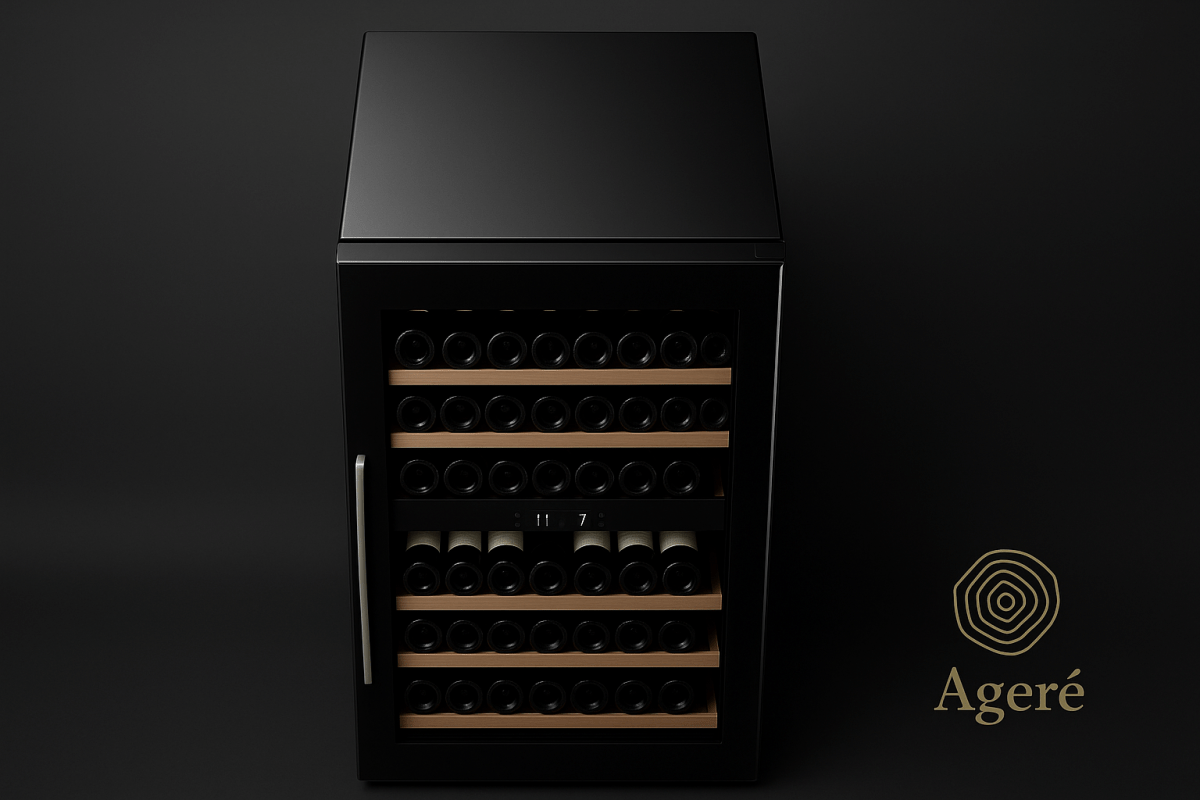 Interior shelf layout of The Grand Reserve – beech wood wine racks inside Ageré’s high-capacity wine fridge