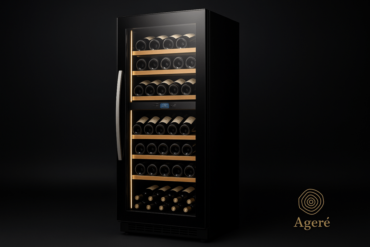 Luxury wine cooler by Ageré – side perspective of The Grand Reserve with softly lit interior shelves