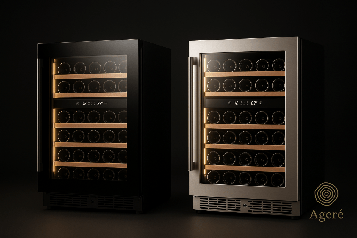 The Host’s Companion – compact wine fridge with glass door ajar, showing full bottle storage