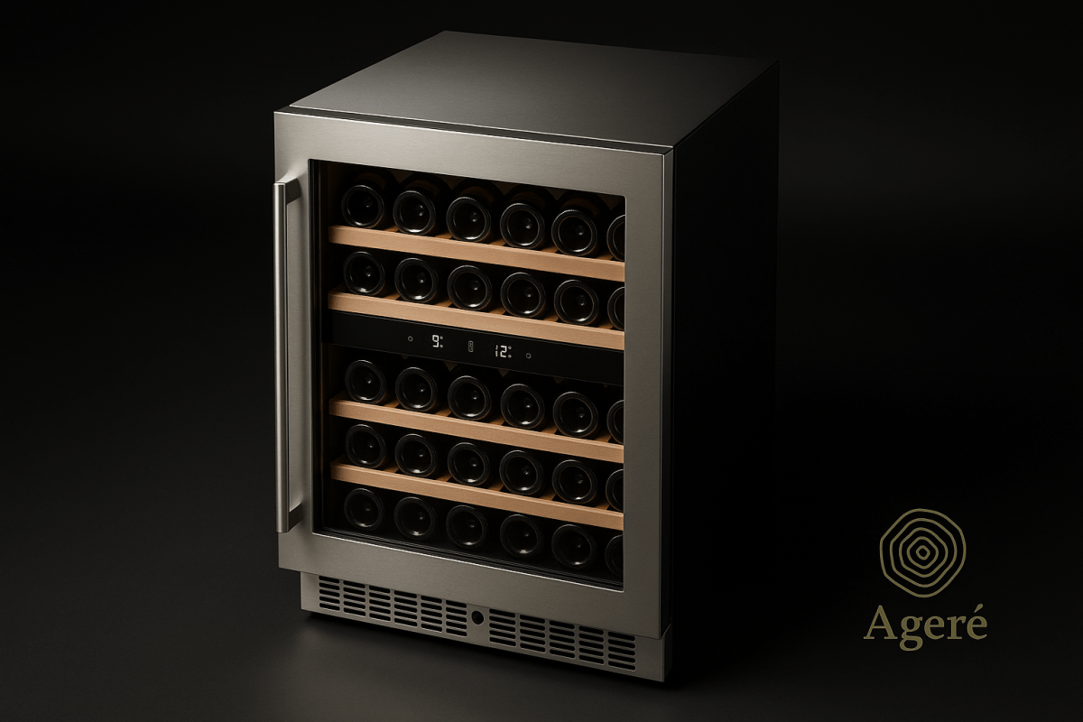 Ageré undercounter wine cooler – stainless steel Host’s Companion with five loaded beech wood shelves