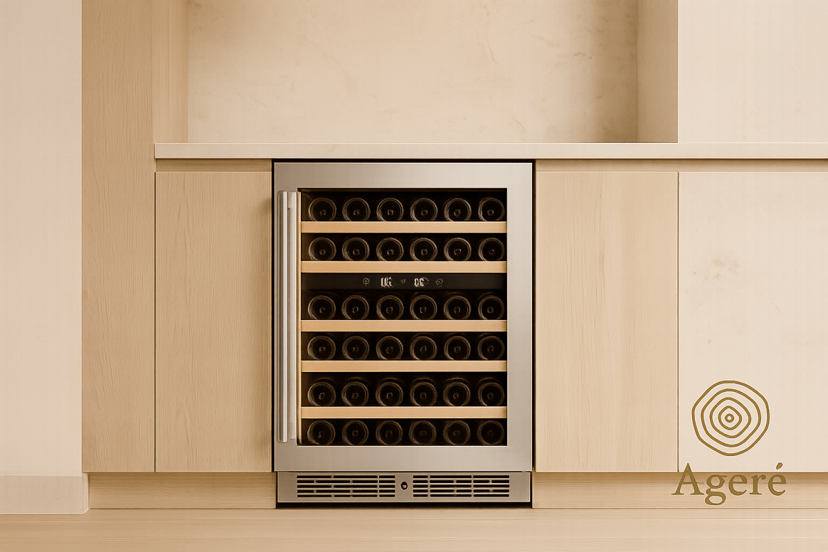 Host’s Companion by Ageré – integrated wine fridge in natural wood cabinetry, undercounter placement