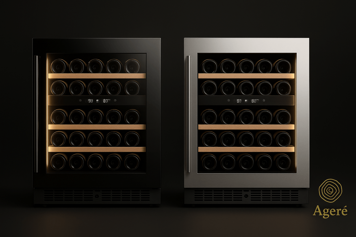 Ageré Host’s Companion wine fridges – stainless steel and black glass finishes with soft LED lighting